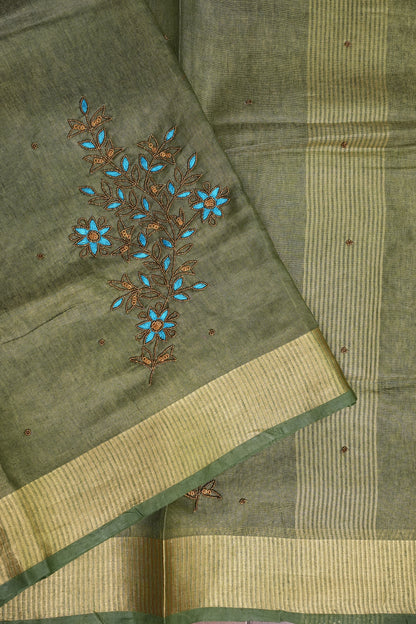 Hand Embroidered Pure Tissue Linen Silk Saree - Muted Olive Green