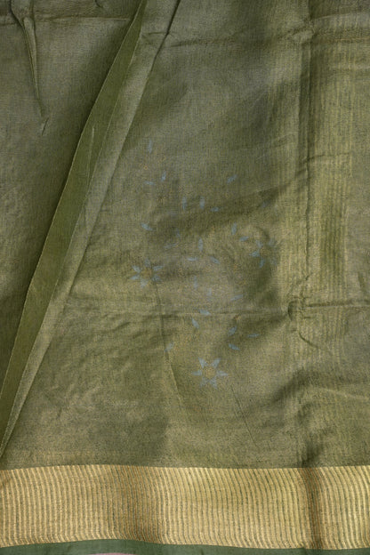 Hand Embroidered Pure Tissue Linen Silk Saree - Muted Olive Green