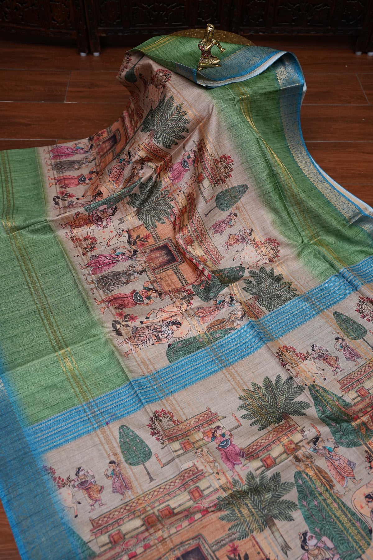 Semi Tussar Saree – Sky Blue & Sage Green with Heritage Digital Print