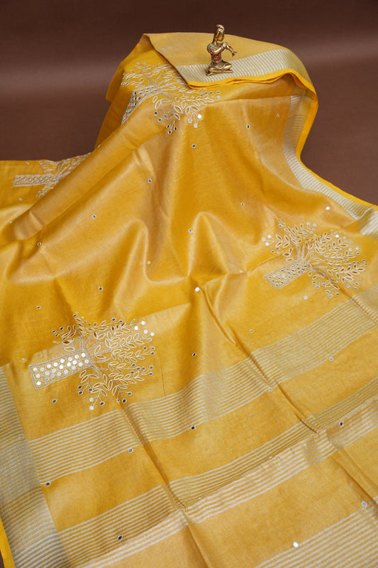 Hand Embroidered Pure Tissue Linen Silk Saree - Yellow