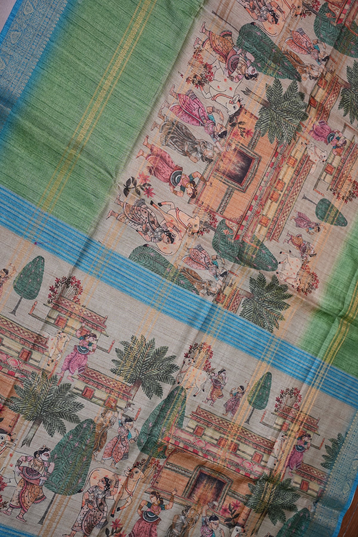 Semi Tussar Saree – Sky Blue & Sage Green with Heritage Digital Print