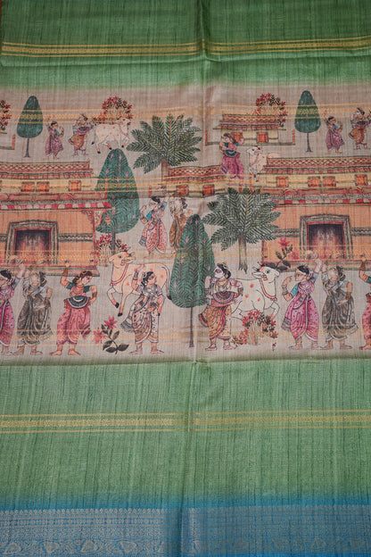 Semi Tussar Saree – Sky Blue & Sage Green with Heritage Digital Print