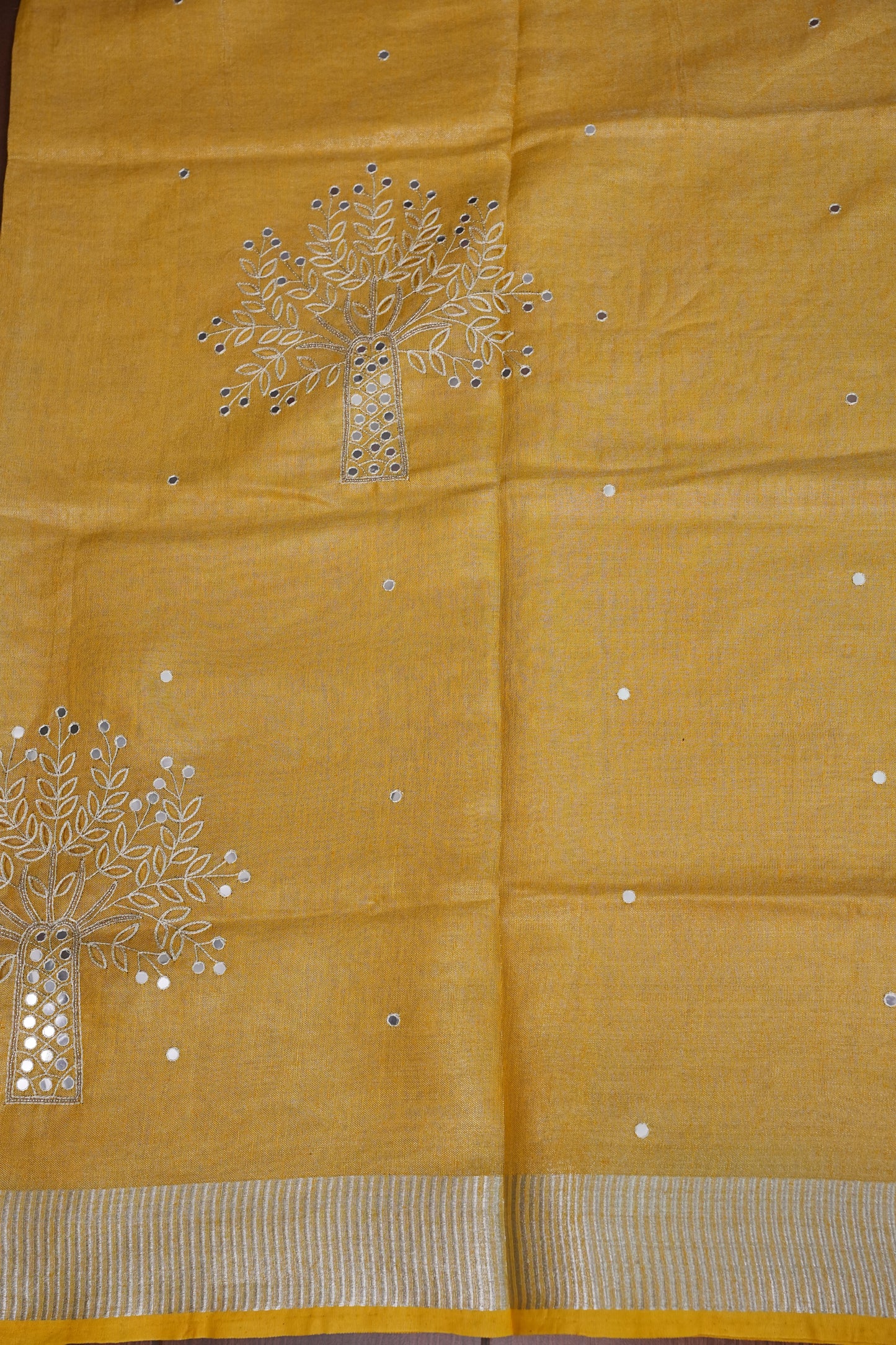 Hand Embroidered Pure Tissue Linen Silk Saree - Yellow
