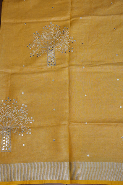 Hand Embroidered Pure Tissue Linen Silk Saree - Yellow