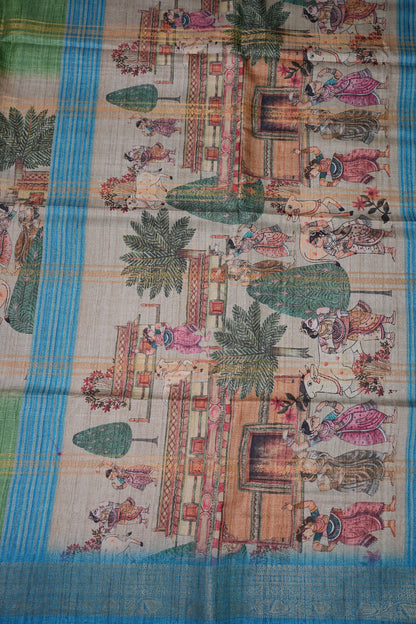 Semi Tussar Saree – Sky Blue & Sage Green with Heritage Digital Print