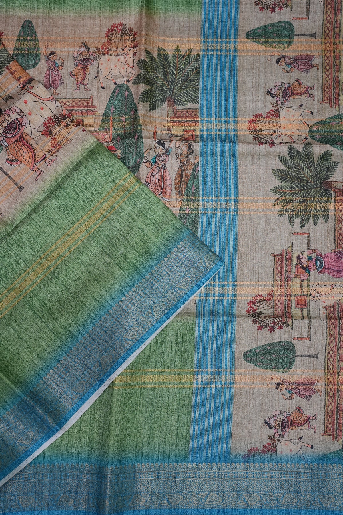 Semi Tussar Saree – Sky Blue & Sage Green with Heritage Digital Print