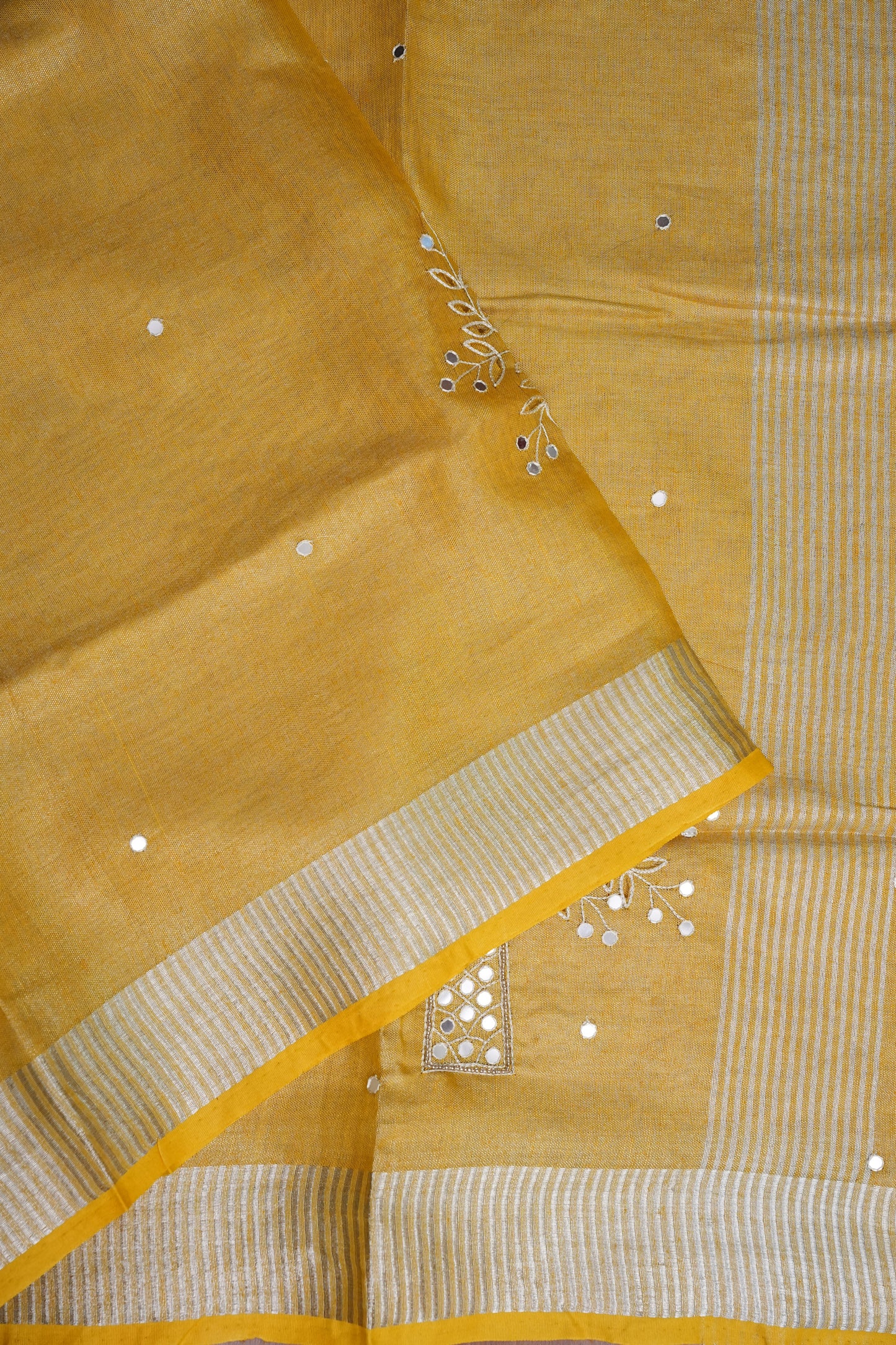 Hand Embroidered Pure Tissue Linen Silk Saree - Yellow