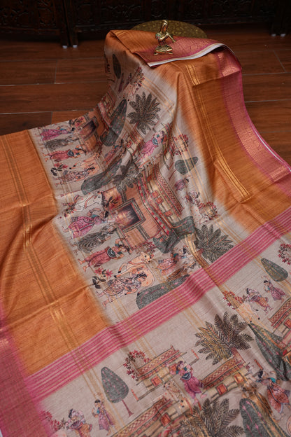 Semi Tussar Saree – Copper Brown & Pink with Heritage Digital Print