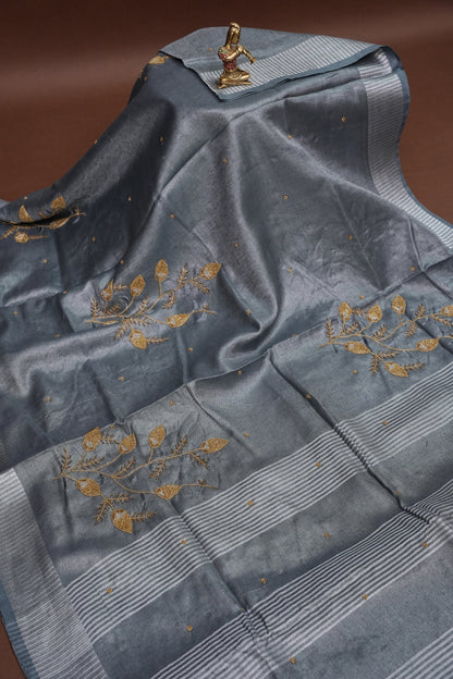 Hand Embroidered Pure Tissue Linen Silk Saree - Silver grey