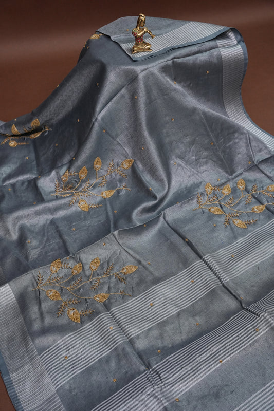 Hand Embroidered Pure Tissue Linen Silk Saree - Silver grey