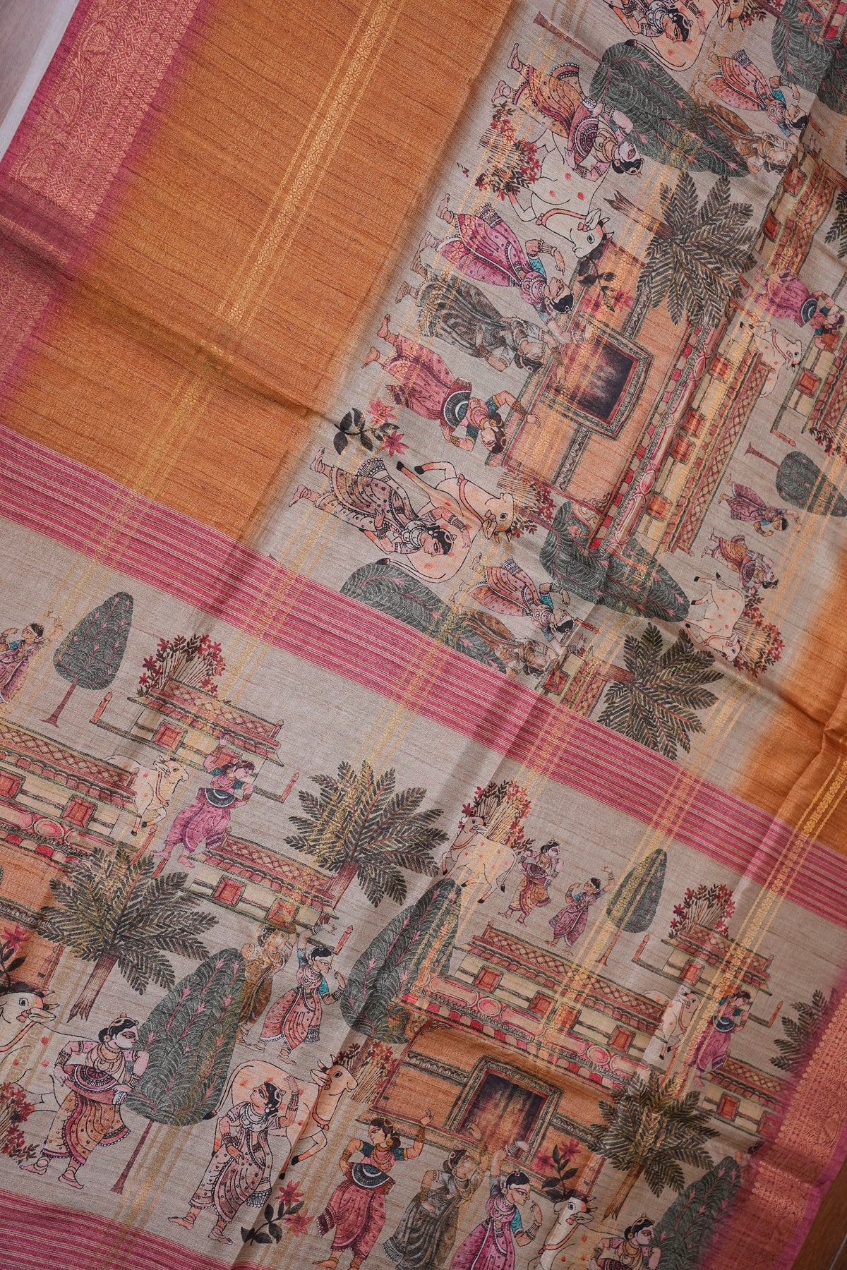 Semi Tussar Saree – Copper Brown & Pink with Heritage Digital Print