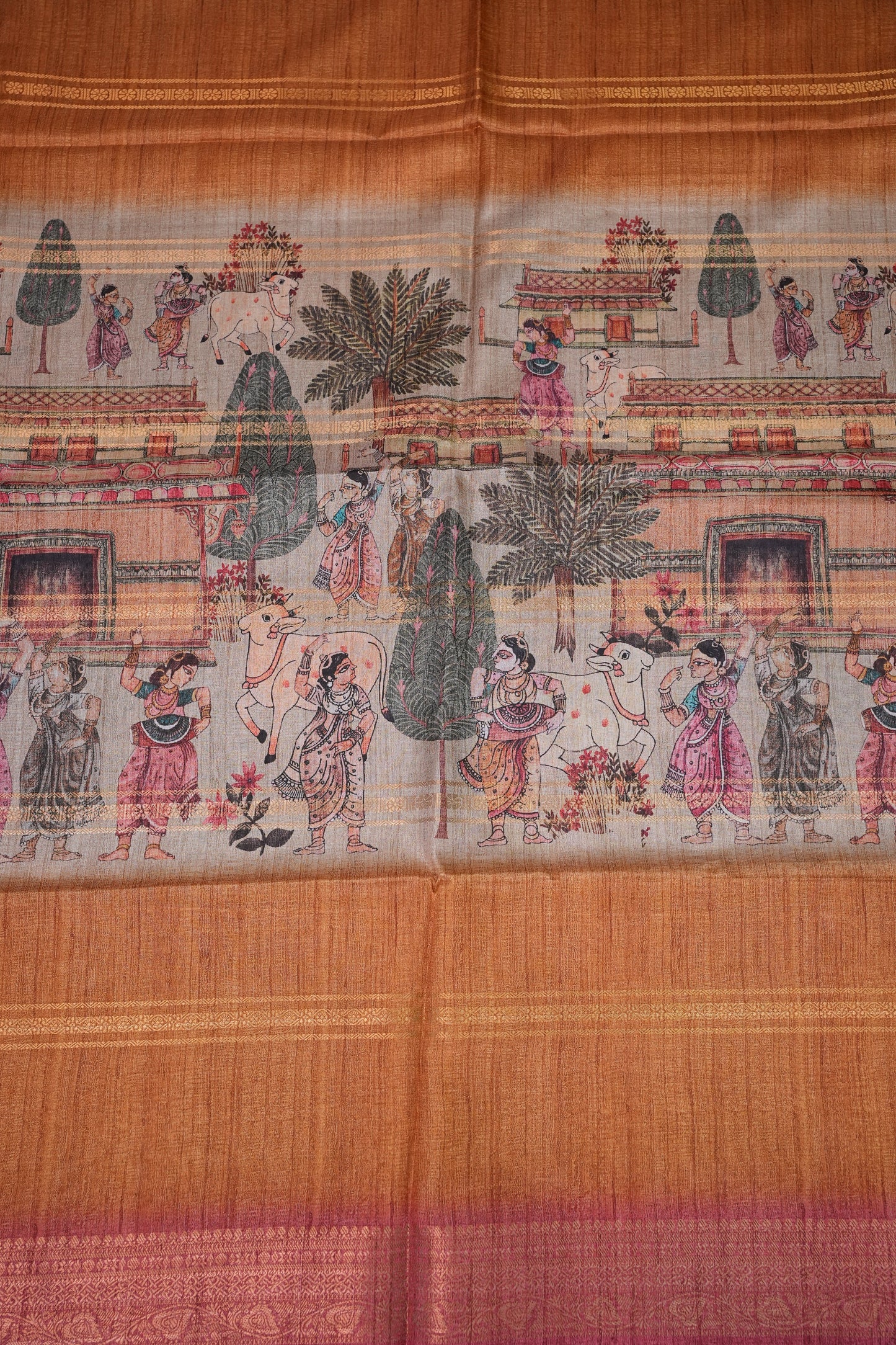 Semi Tussar Saree – Copper Brown & Pink with Heritage Digital Print