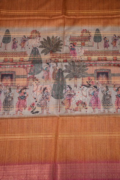 Semi Tussar Saree – Copper Brown & Pink with Heritage Digital Print