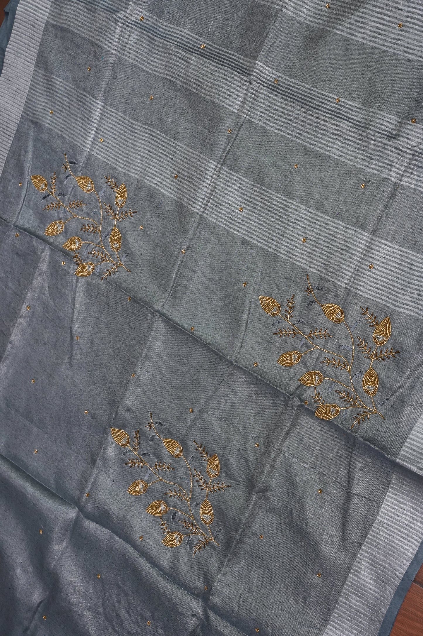 Hand Embroidered Pure Tissue Linen Silk Saree - Silver grey
