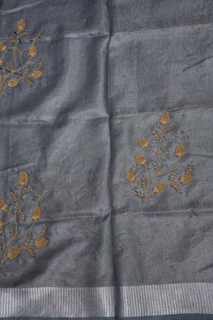 Hand Embroidered Pure Tissue Linen Silk Saree - Silver grey