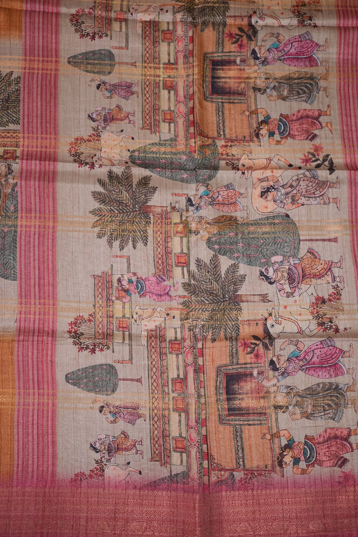 Semi Tussar Saree – Copper Brown & Pink with Heritage Digital Print