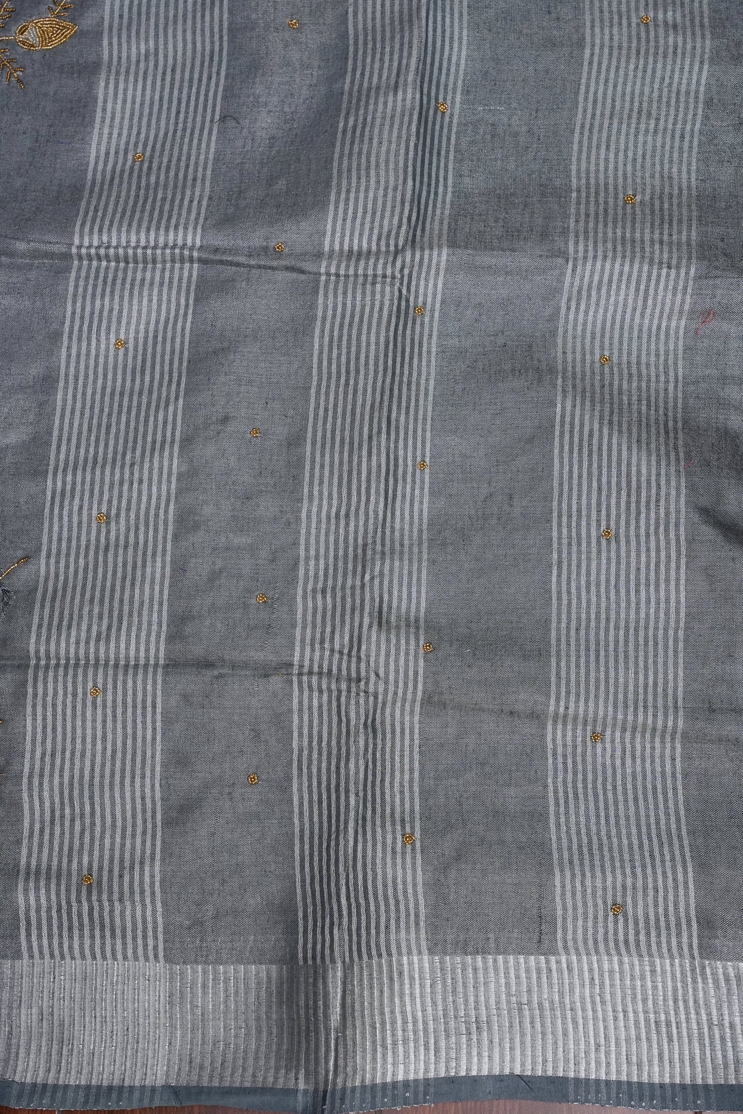 Hand Embroidered Pure Tissue Linen Silk Saree - Silver grey