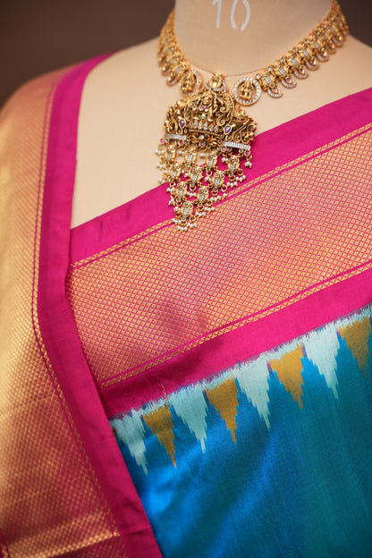 Pure Ikkat Soft Silk Saree - Teal Blue & Rani Pink