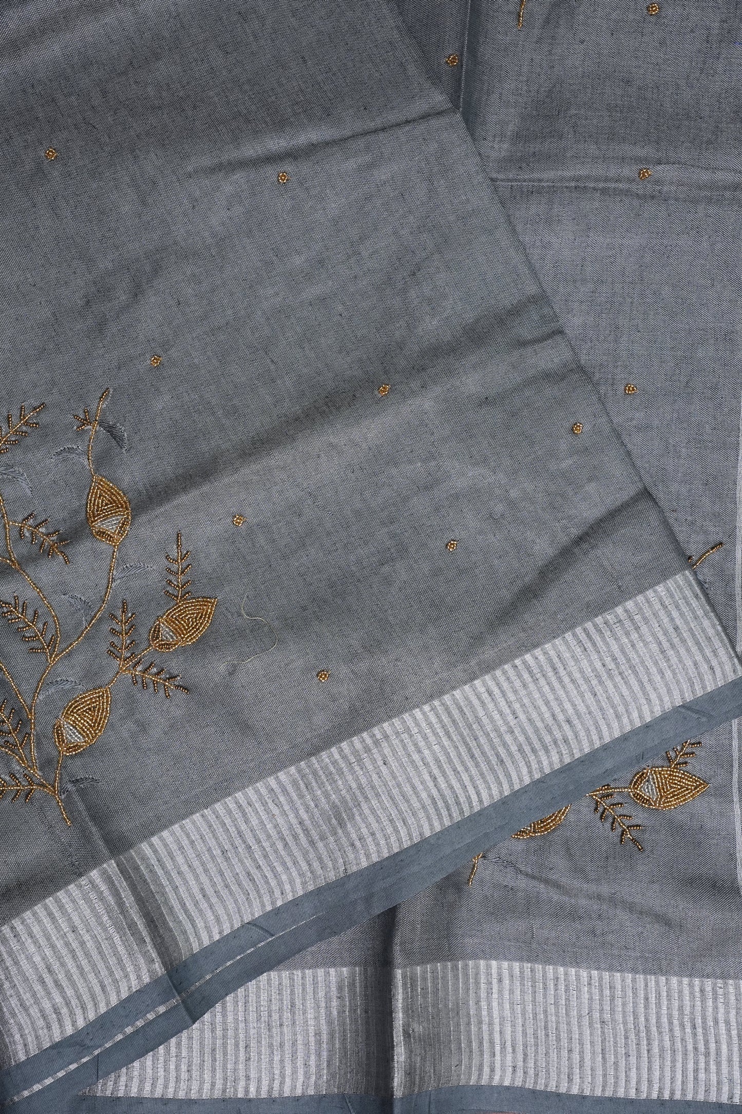 Hand Embroidered Pure Tissue Linen Silk Saree - Silver grey