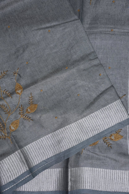Hand Embroidered Pure Tissue Linen Silk Saree - Silver grey