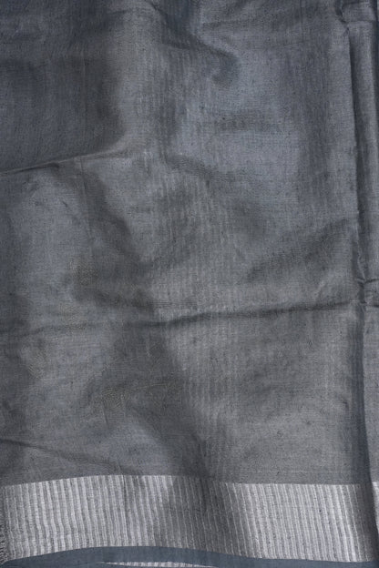 Hand Embroidered Pure Tissue Linen Silk Saree - Silver grey