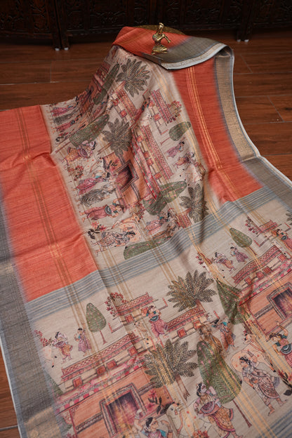 Semi Tussar Saree – Peach & Grey with Heritage Digital Print