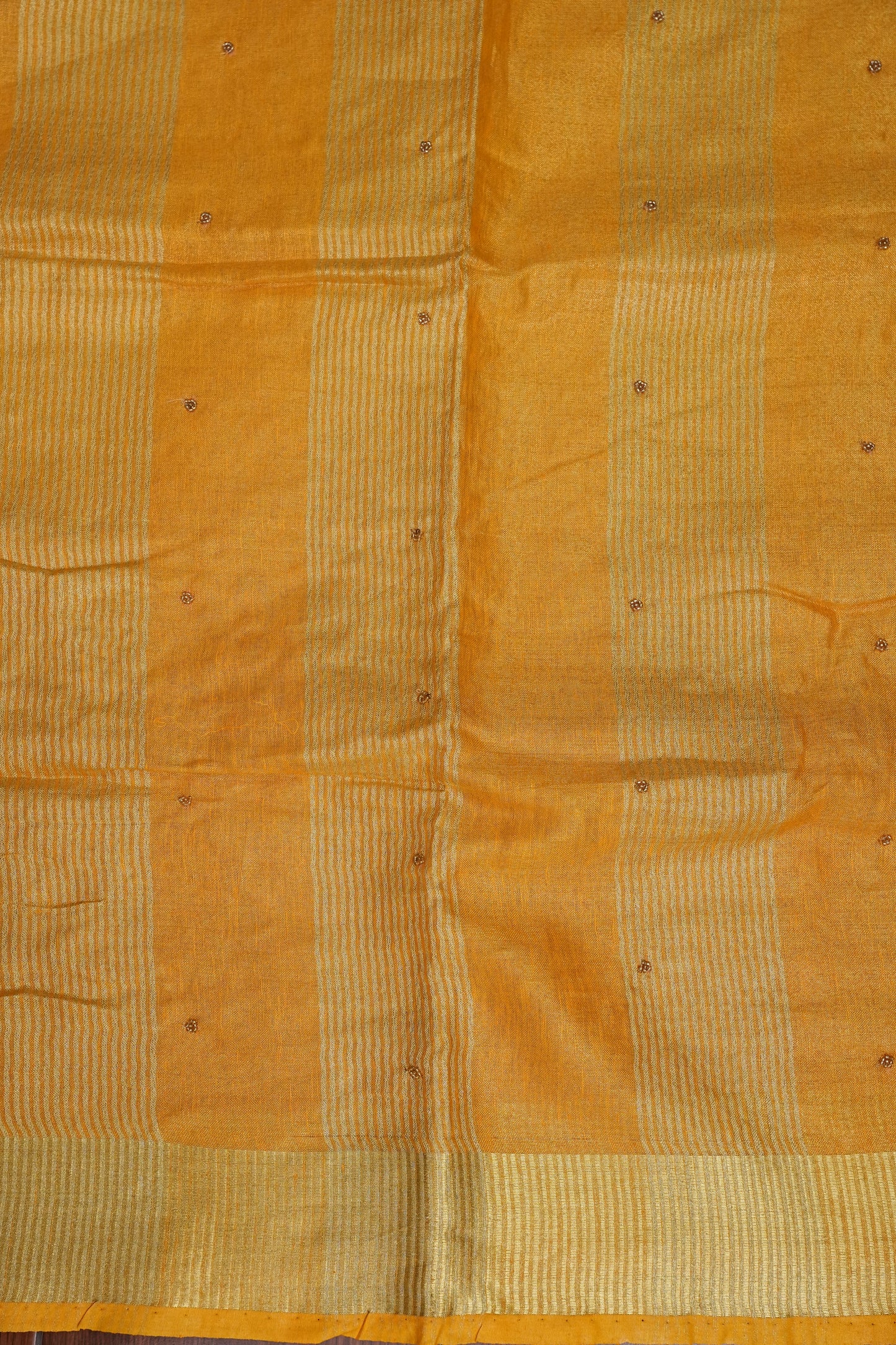 Hand Embroidered Pure Tissue Linen Silk Saree - Mustard Yellow