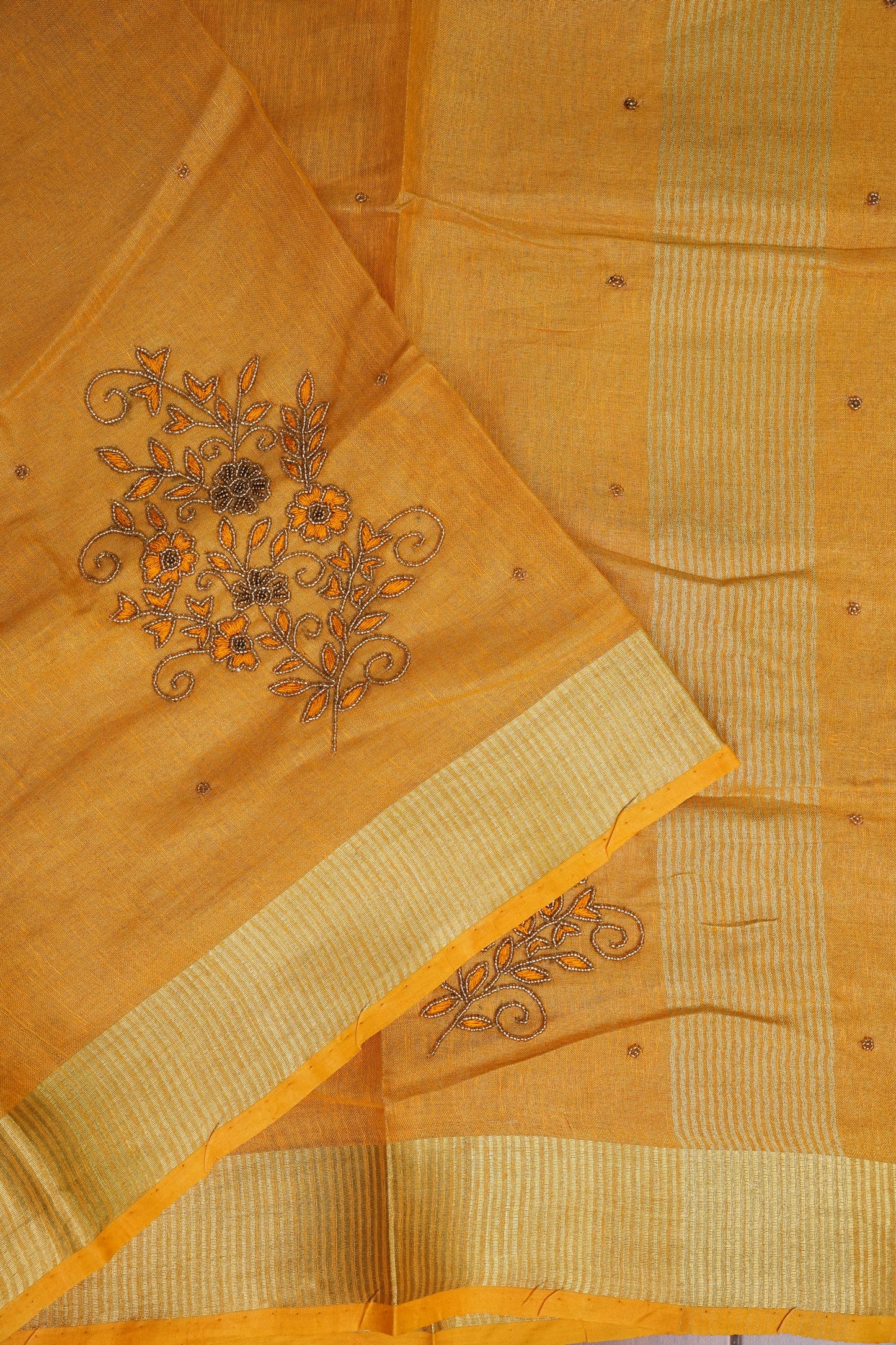 Hand Embroidered Pure Tissue Linen Silk Saree - Mustard Yellow