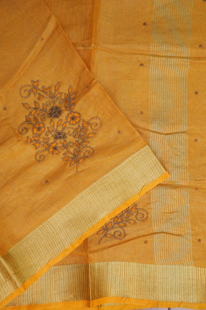 Hand Embroidered Pure Tissue Linen Silk Saree - Mustard Yellow