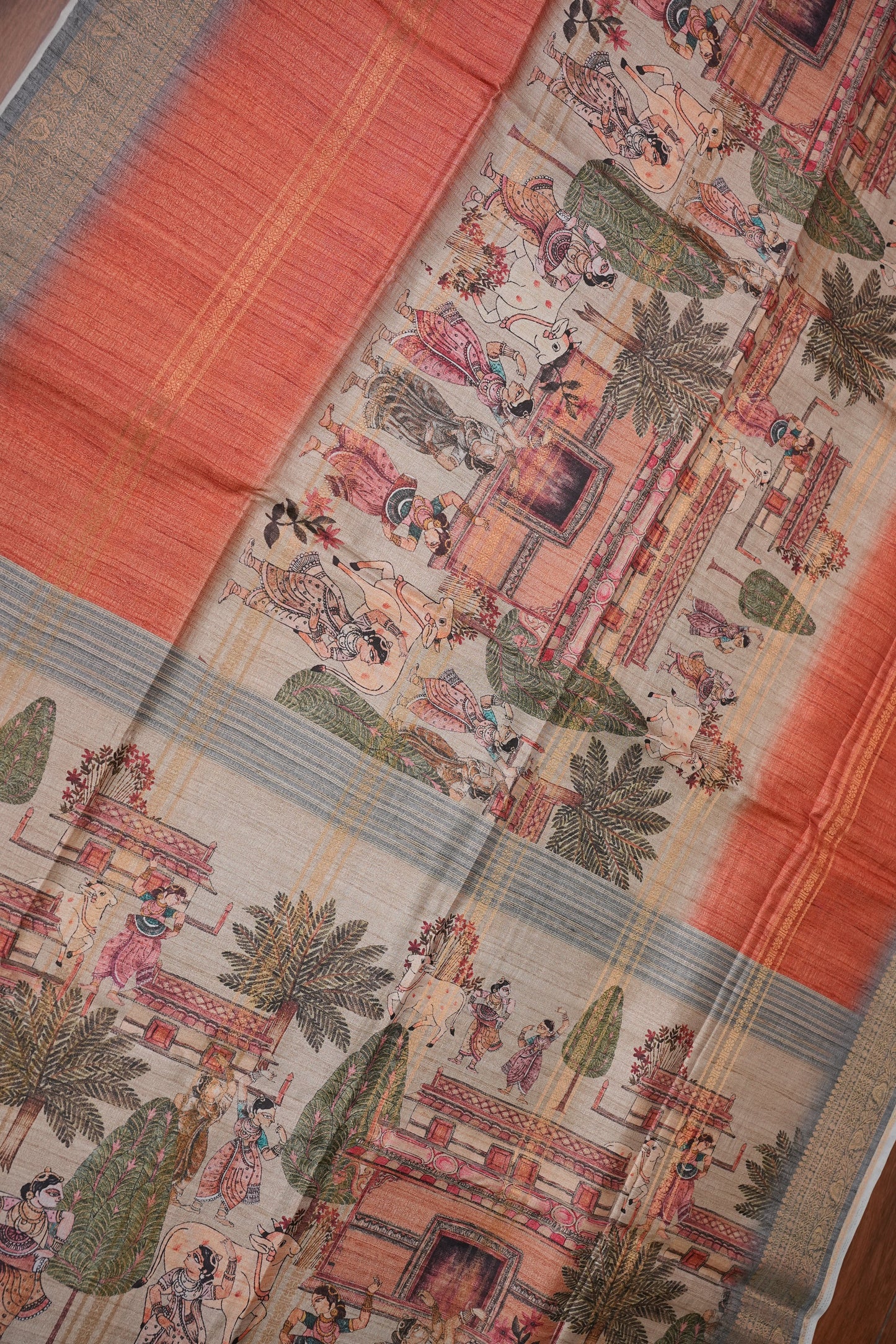 Semi Tussar Saree – Peach & Grey with Heritage Digital Print