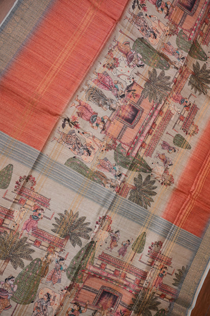 Semi Tussar Saree – Peach & Grey with Heritage Digital Print