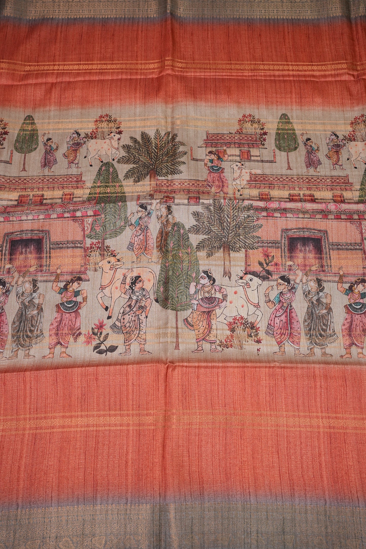 Semi Tussar Saree – Peach & Grey with Heritage Digital Print