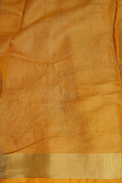 Hand Embroidered Pure Tissue Linen Silk Saree - Mustard Yellow