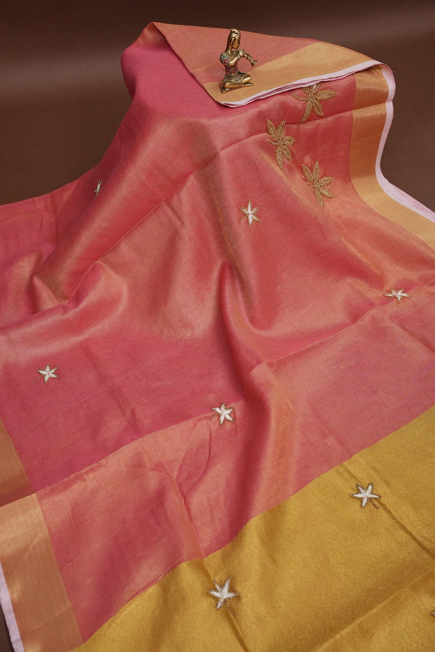 Hand Embroidered Pure Tissue Linen Silk Saree - Onion Pink & Gold