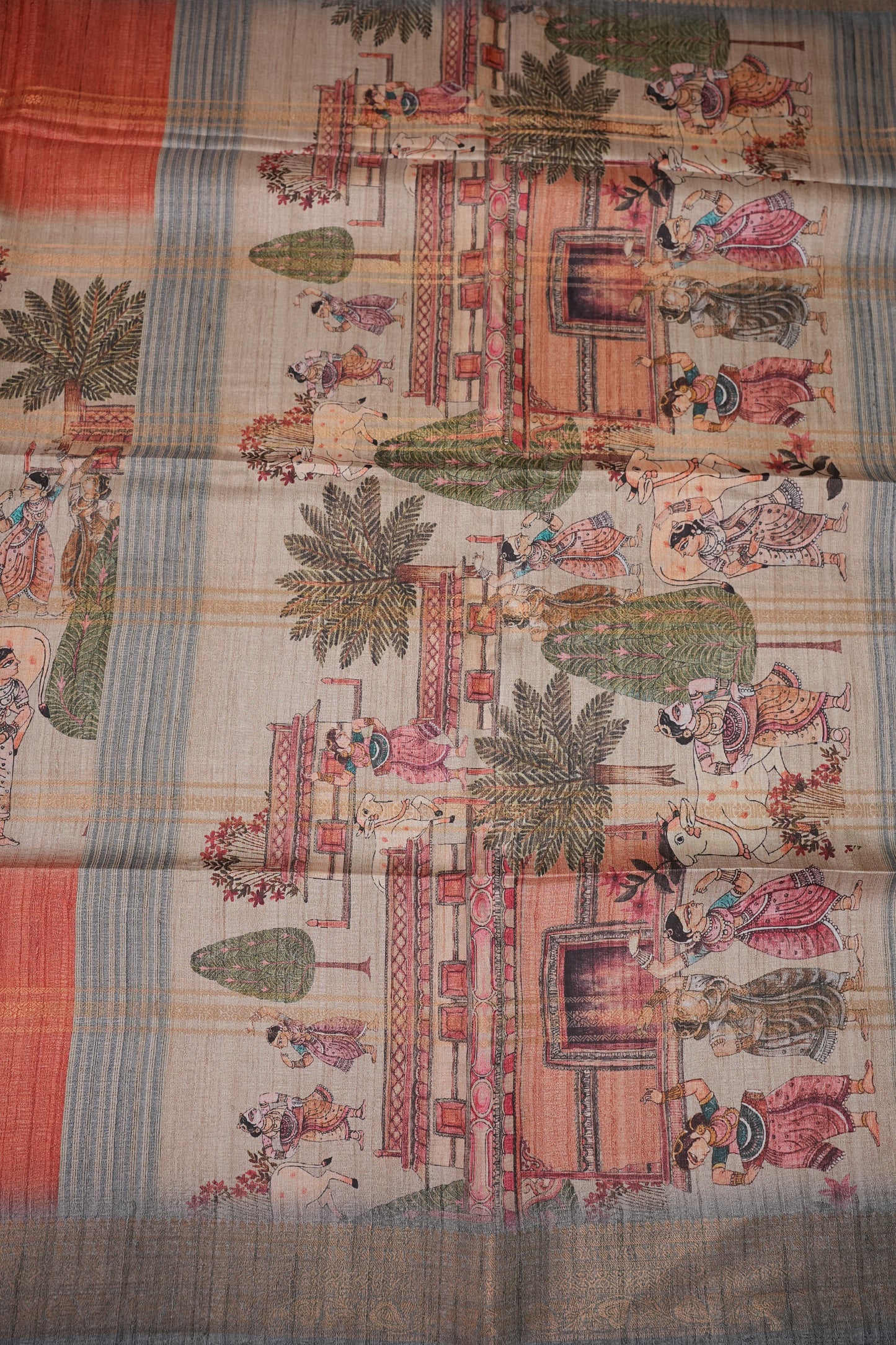 Semi Tussar Saree – Peach & Grey with Heritage Digital Print
