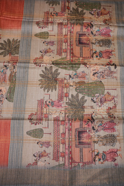 Semi Tussar Saree – Peach & Grey with Heritage Digital Print