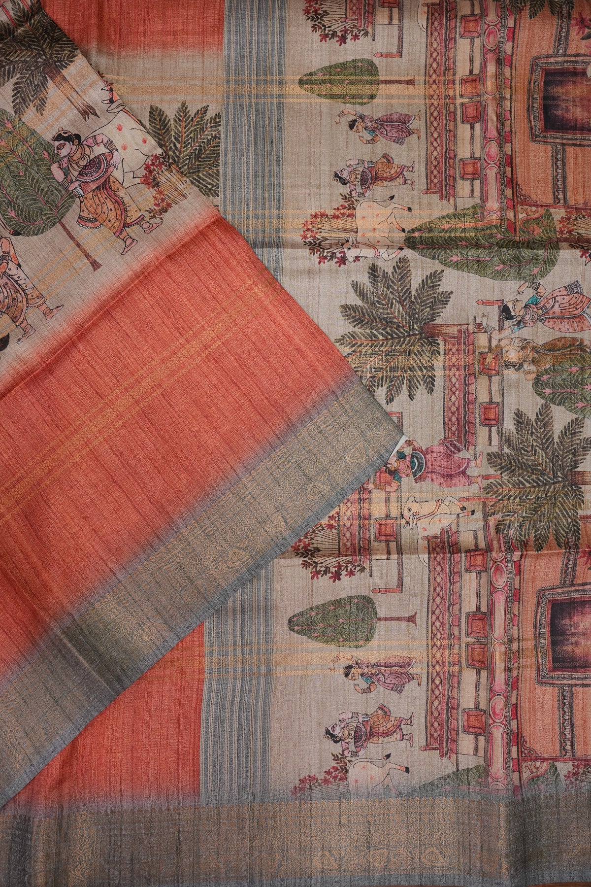 Semi Tussar Saree – Peach & Grey with Heritage Digital Print