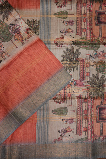 Semi Tussar Saree – Peach & Grey with Heritage Digital Print