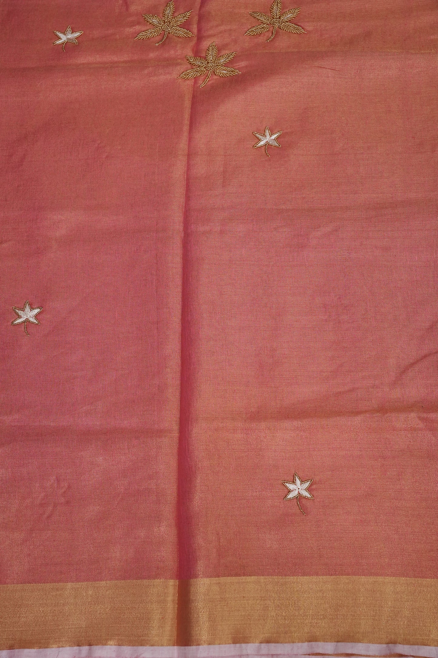 Hand Embroidered Pure Tissue Linen Silk Saree - Onion Pink & Gold
