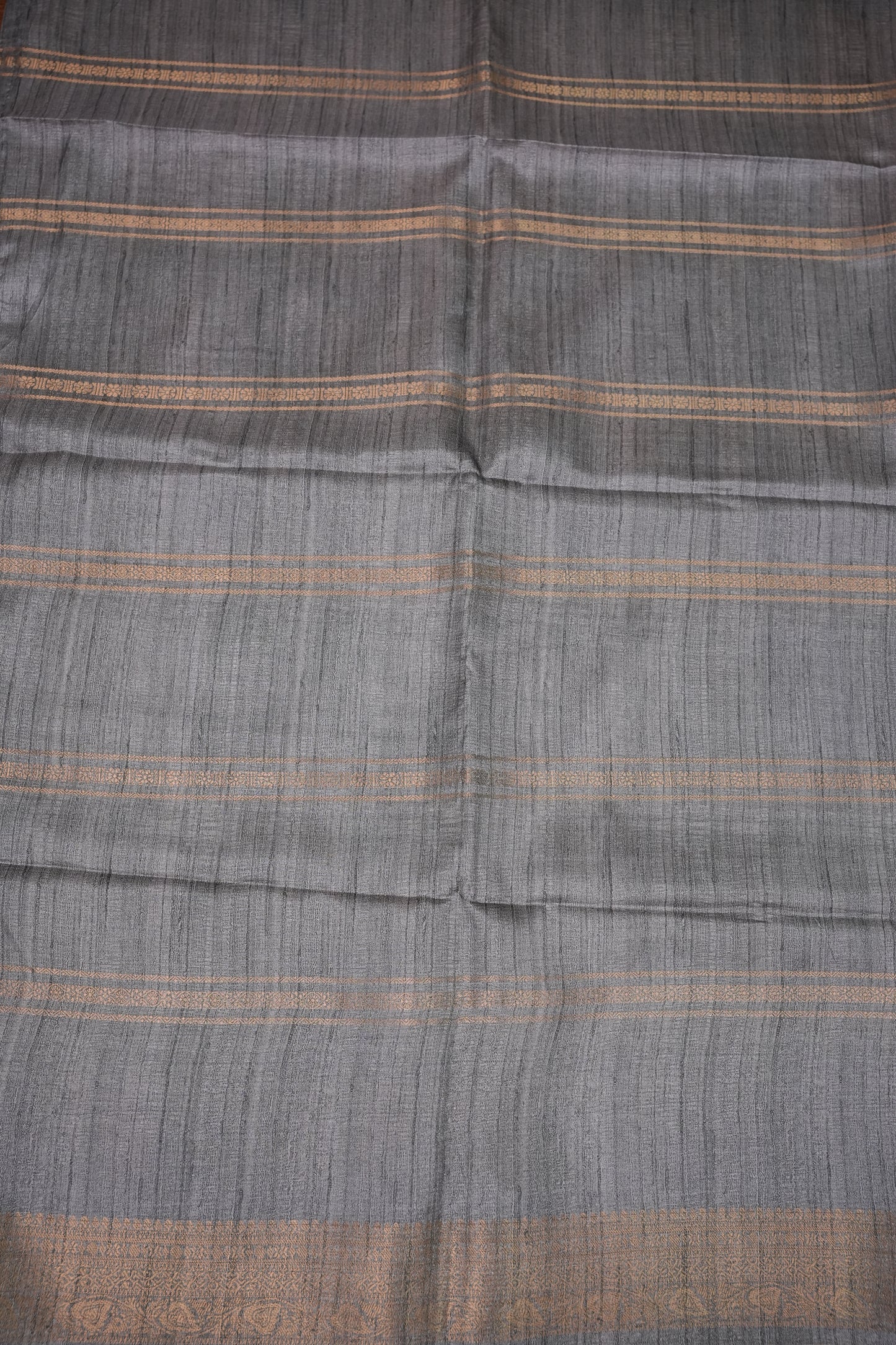 Semi Tussar Saree – Peach & Grey with Heritage Digital Print