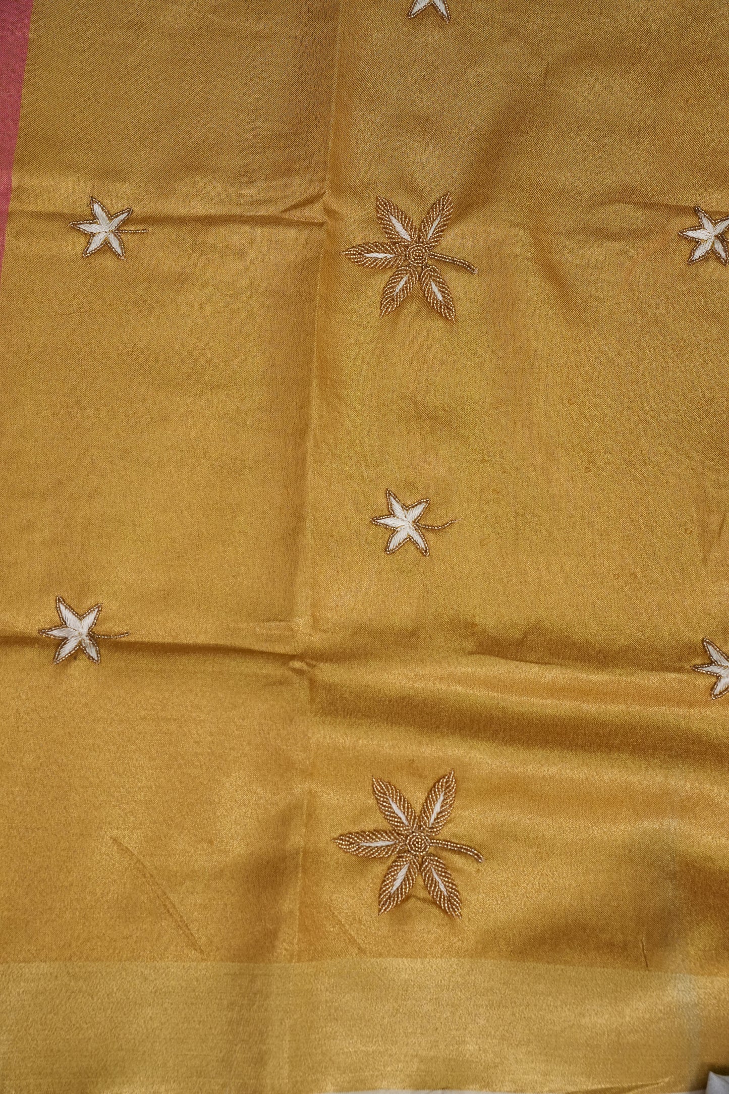 Hand Embroidered Pure Tissue Linen Silk Saree - Onion Pink & Gold