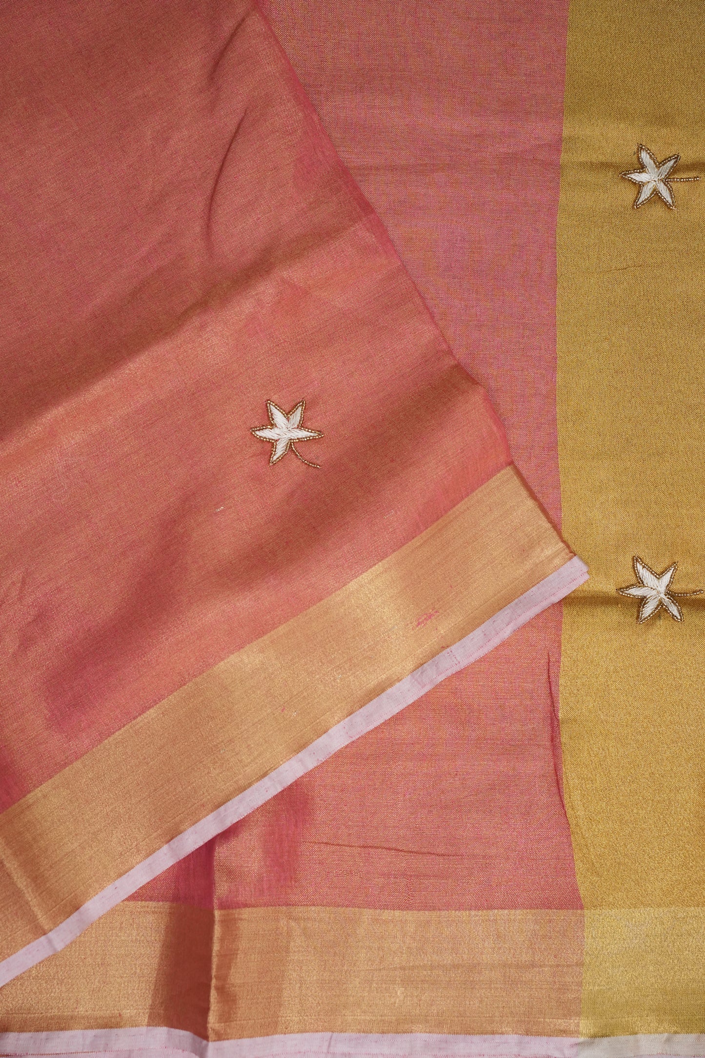 Hand Embroidered Pure Tissue Linen Silk Saree - Onion Pink & Gold