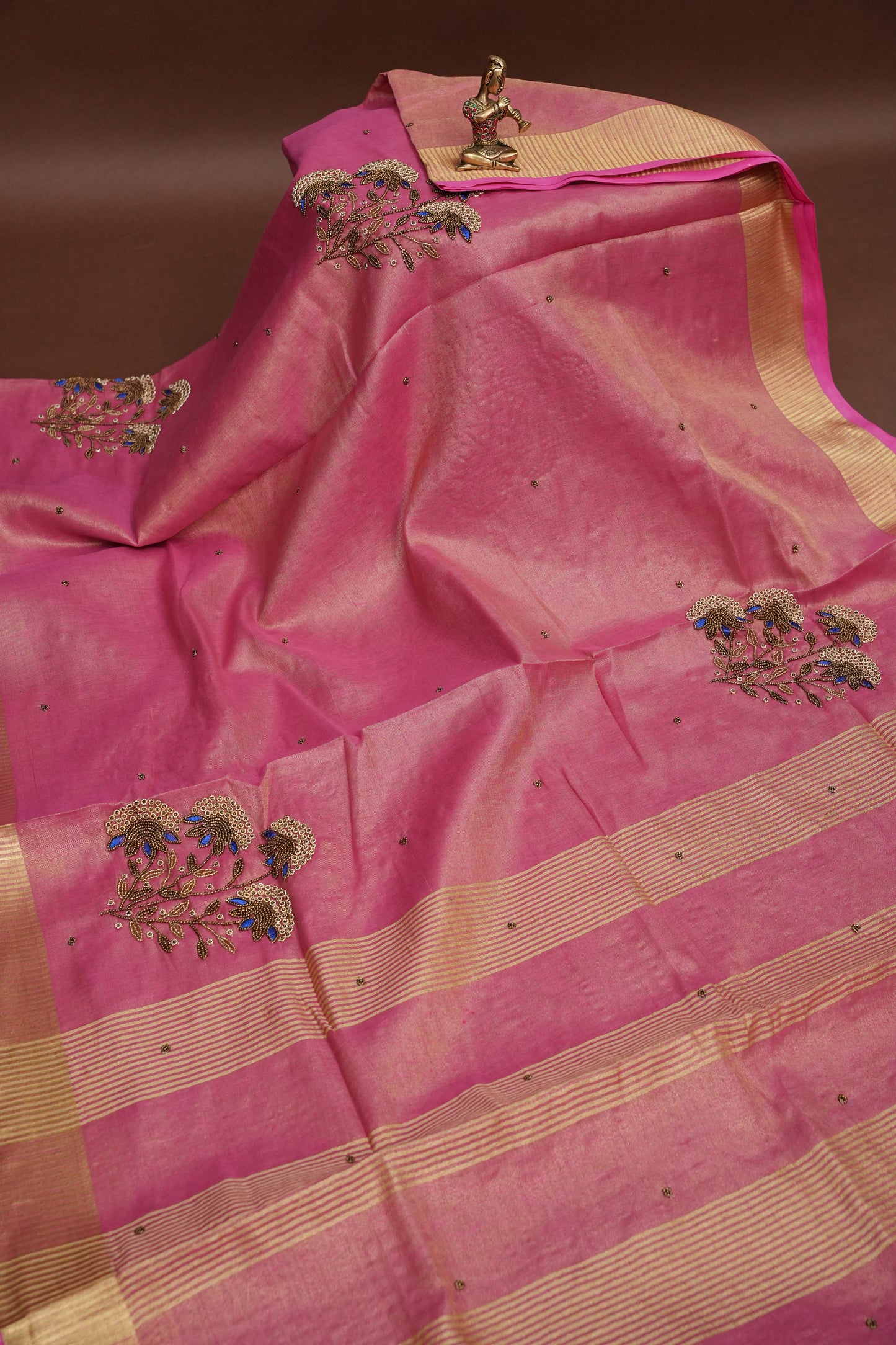 Hand Embroidered Pure Tissue Linen Silk Saree - Blush Pink