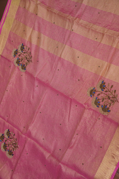 Hand Embroidered Pure Tissue Linen Silk Saree - Blush Pink