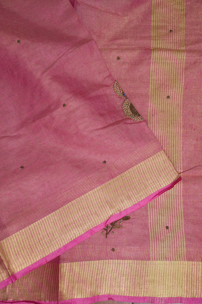 Hand Embroidered Pure Tissue Linen Silk Saree - Blush Pink