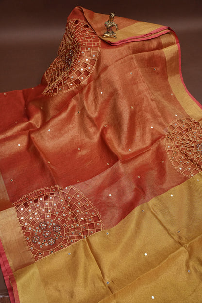 Hand Embroidered Pure Tissue Linen Silk Saree - Peach Orange