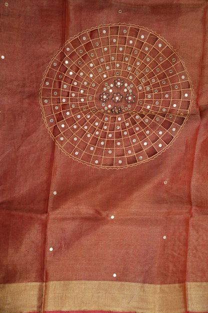 Hand Embroidered Pure Tissue Linen Silk Saree - Peach Orange