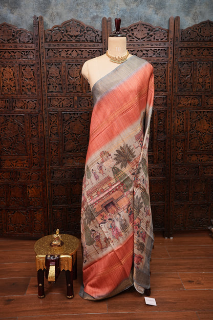 Semi Tussar Saree – Peach & Grey with Heritage Digital Print