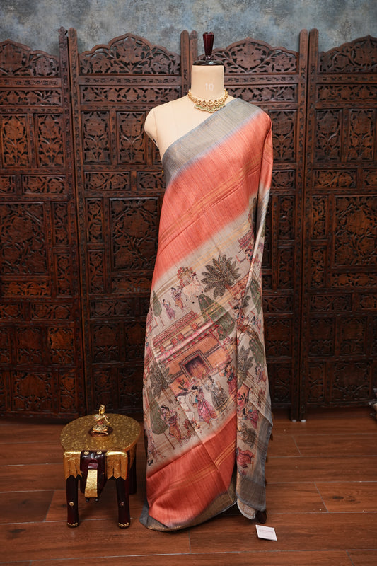 Semi Tussar Saree – Peach & Grey with Heritage Digital Print