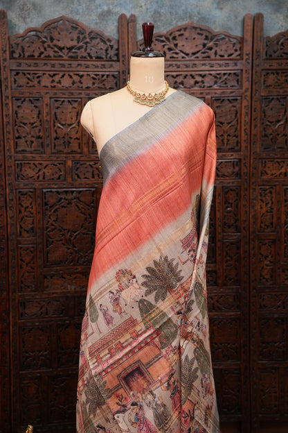 Semi Tussar Saree – Peach & Grey with Heritage Digital Print